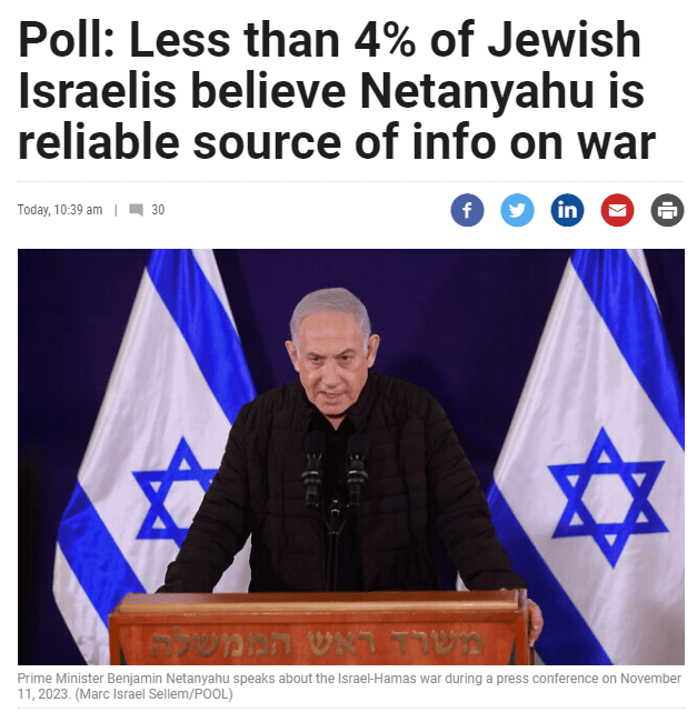 以民调：犹太裔以色列人中，不到4%认为内塔尼亚胡是关于巴以冲突可靠信源