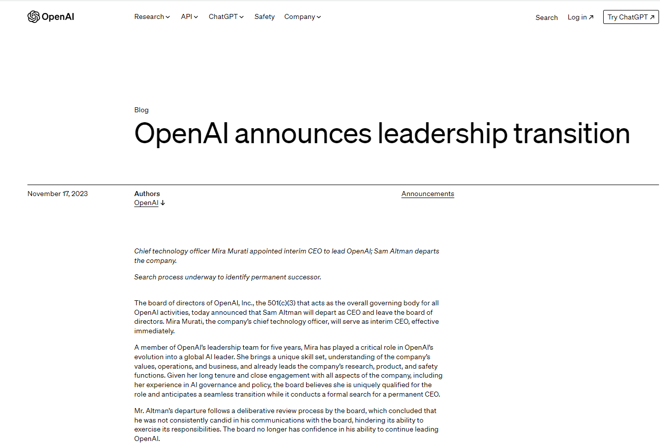 突发！OpenAI首席执行官离职！董事会质疑其领导<strong>能力</strong>和坦诚态度