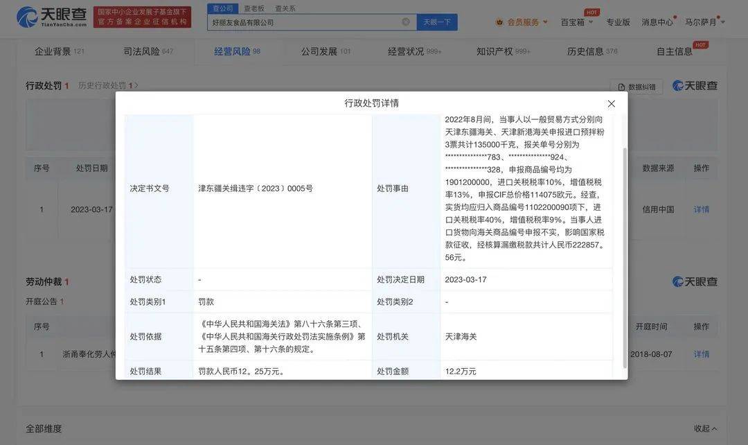 好丽友进口货物商品编号申报不实，被天津海关罚款12.25万元